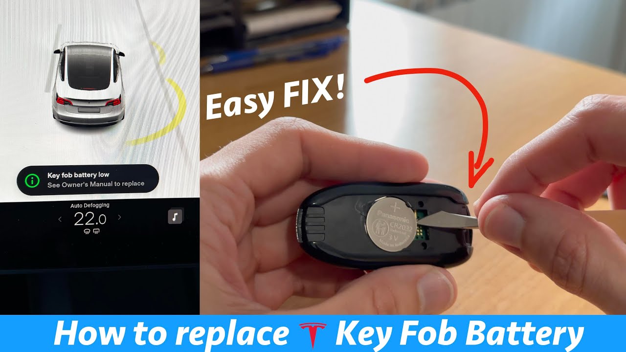 Tesla key fob with CR2032 battery replacement tutorial showing Model S, 3, X and Y battery compartments