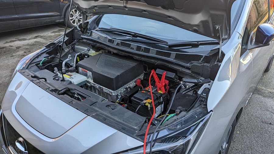 Close-up view of a car battery under the hood