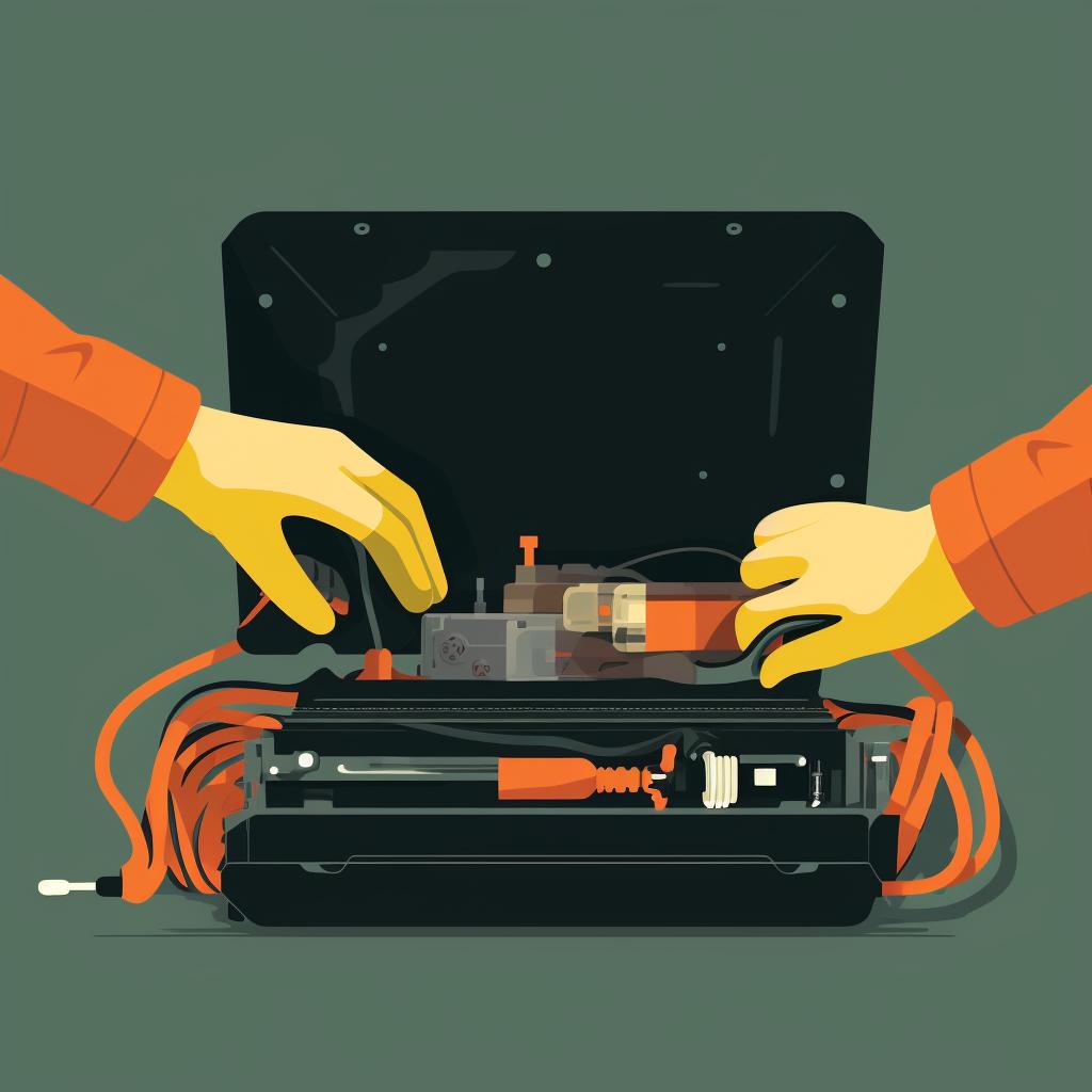 Hands in protective gloves disconnecting the terminals of a car battery.