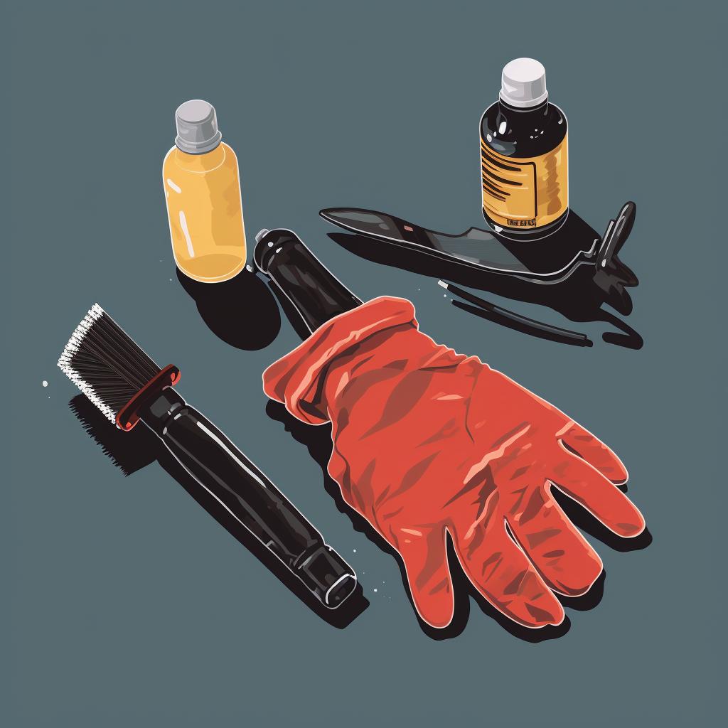 A wrench, a wire brush, a bottle of corrosion removal fluid, and a pair of protective gloves laid out on a table.