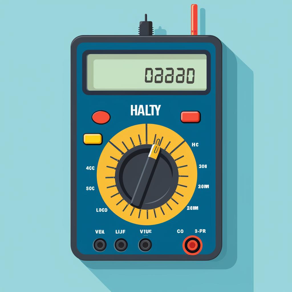 A multimeter displaying a voltage reading with a note indicating 'healthy' or 'unhealthy' based on the reading