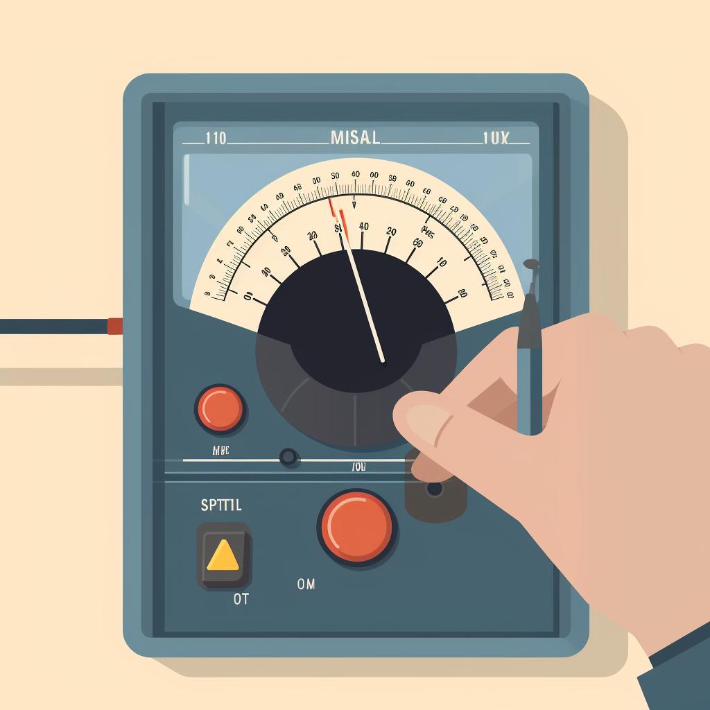 A hand adjusting the dial on a multimeter to the DC voltage setting