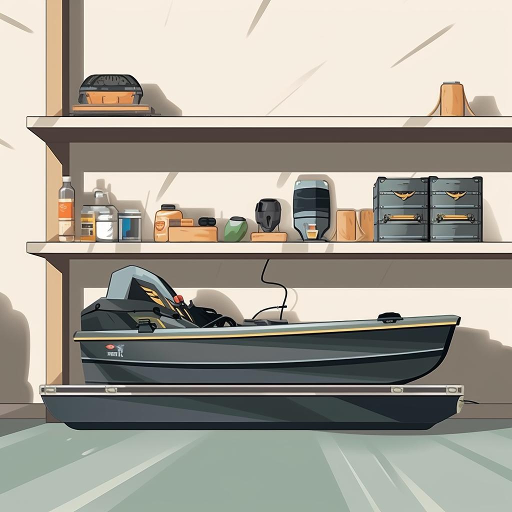 A boat battery stored on a shelf in a garage
