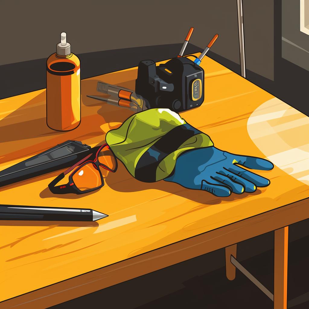 A well-lit workspace with a multimeter, gloves, and safety glasses on a table