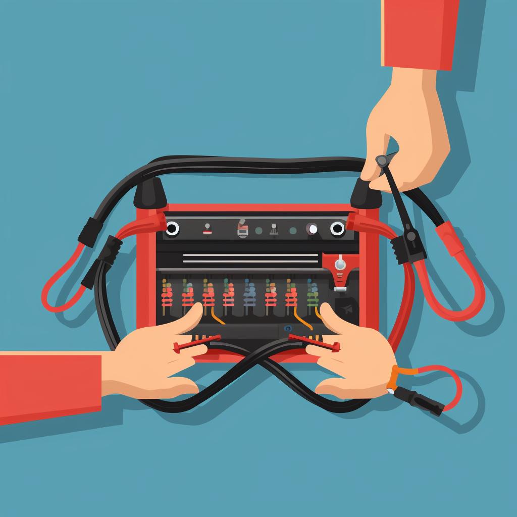 Hands connecting jumper cables to car batteries
