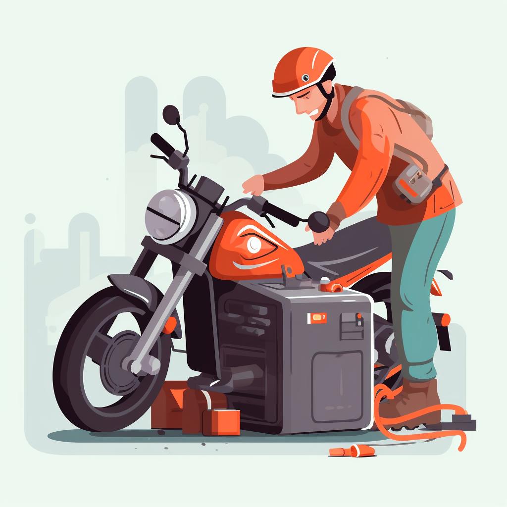 A person carefully lifting the old battery out of the motorcycle compartment