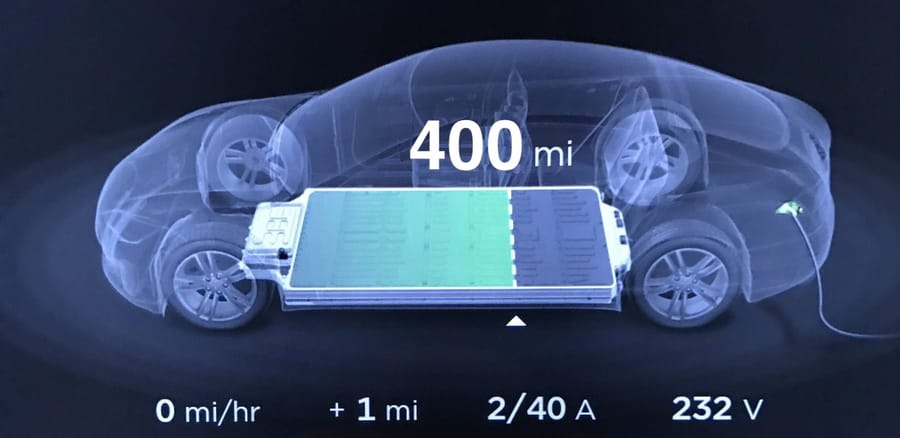 Tesla electric car with its battery system visible