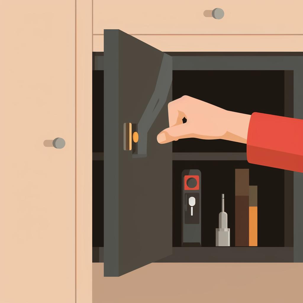 A hand opening a cabinet to check on stored batteries.